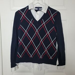 Tommy Hilfiger Women's Small Navy Argyle Sweater With Faux Dress Shirt